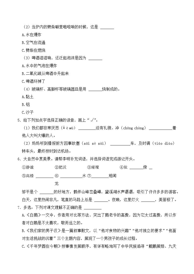专题04 基础知识综合 2（原卷+答案）2023-2024学年四年级语文下册期末复习真题专练02