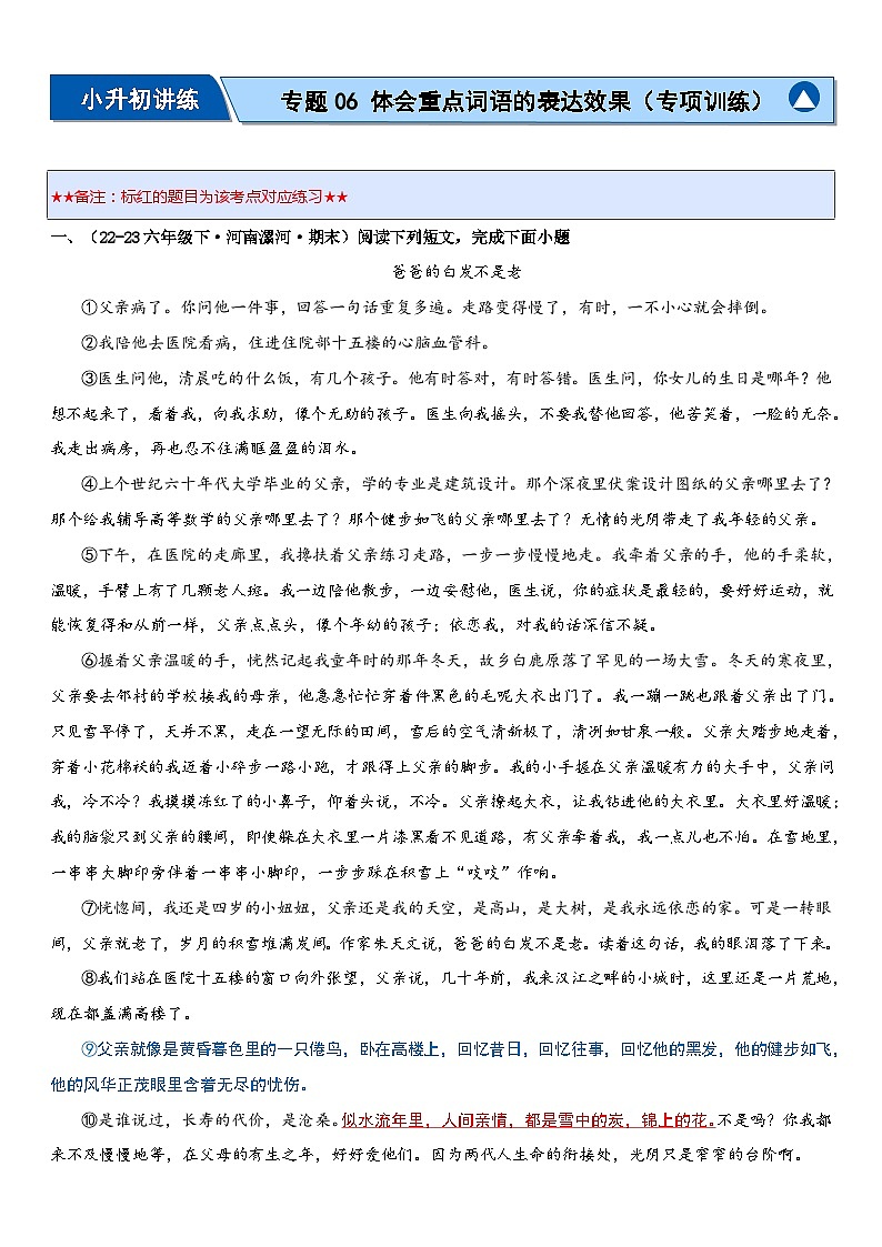 专题06 体会重点词语的表达效果（专项训练）-2024年小升初语文复习专练（统编版）01
