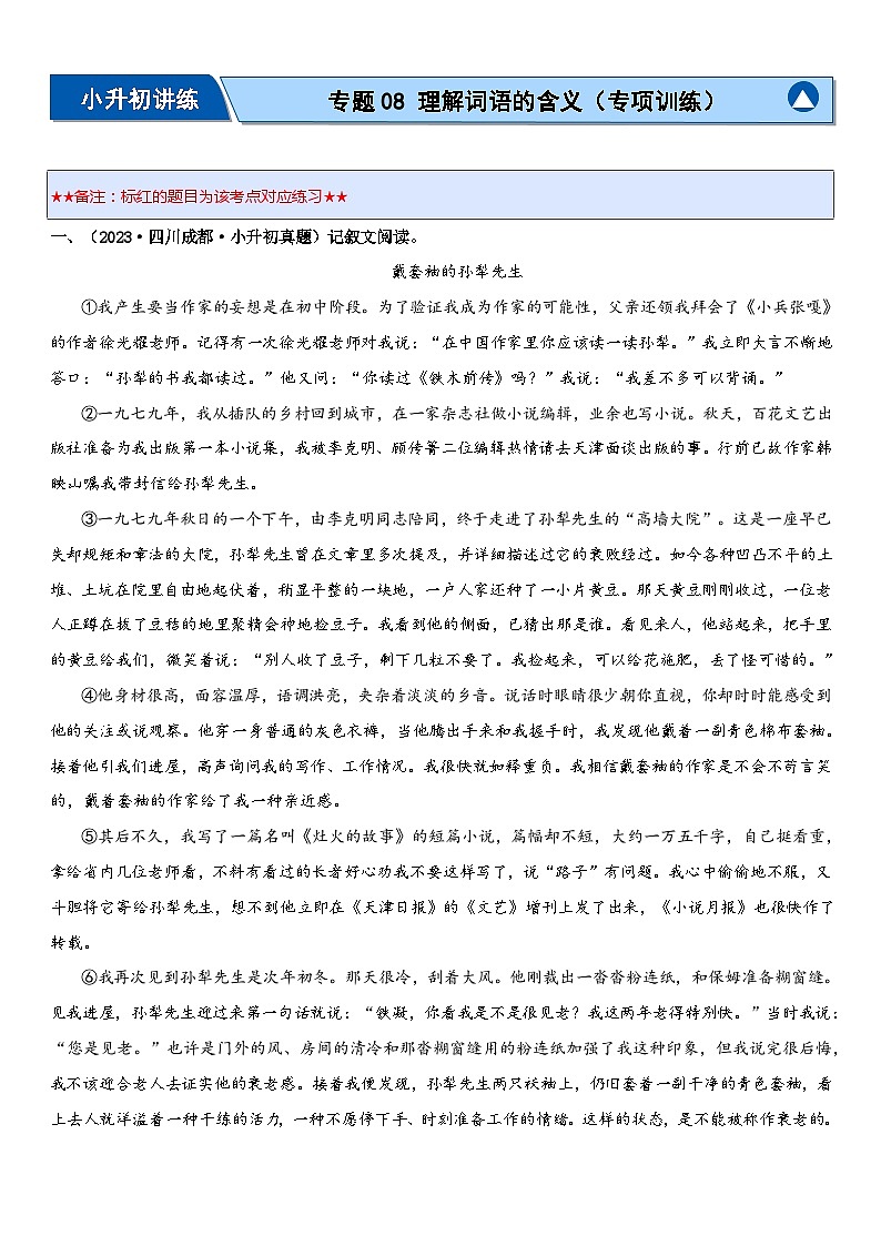 专题08 理解词语的含义（专项训练）-2024年小升初语文复习专练（统编版）01