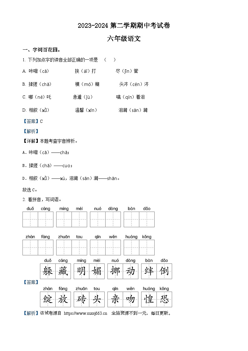 28，2023-2024学年河南省周口市沈丘县县直小学等校部编版六年级下册期中考试语文试卷01