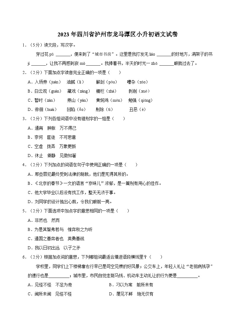 2023年四川省泸州市龙马潭区小升初语文试卷01