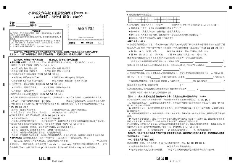 福建省莆田市城厢区2023-2024学年六年级下学期5月月考语文试题01