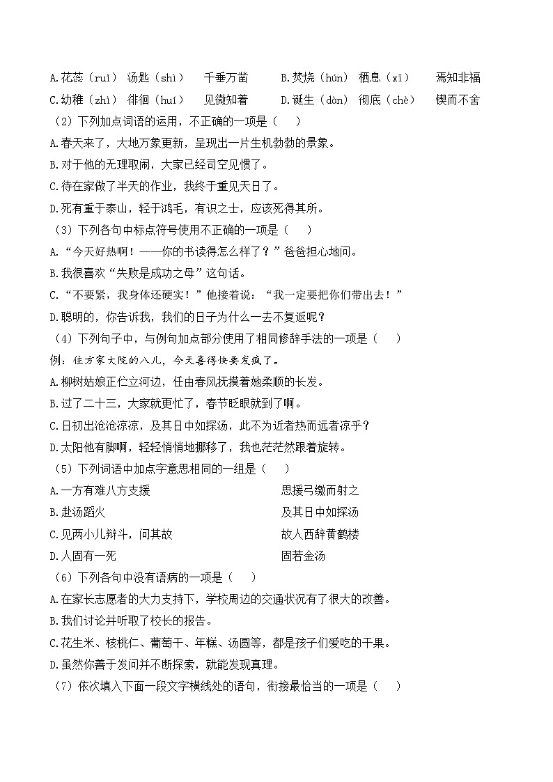 模拟卷（二）2024年小升初语文冲刺试卷03