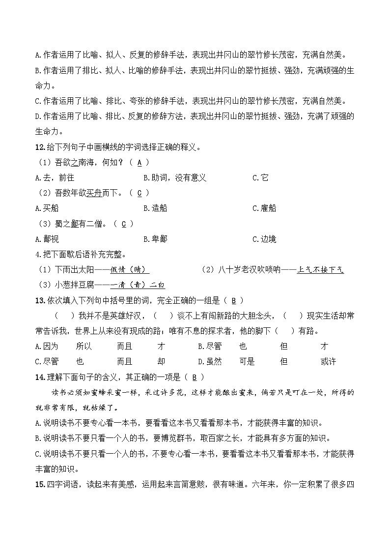 模拟卷（七）2024年小升初语文冲刺试卷03