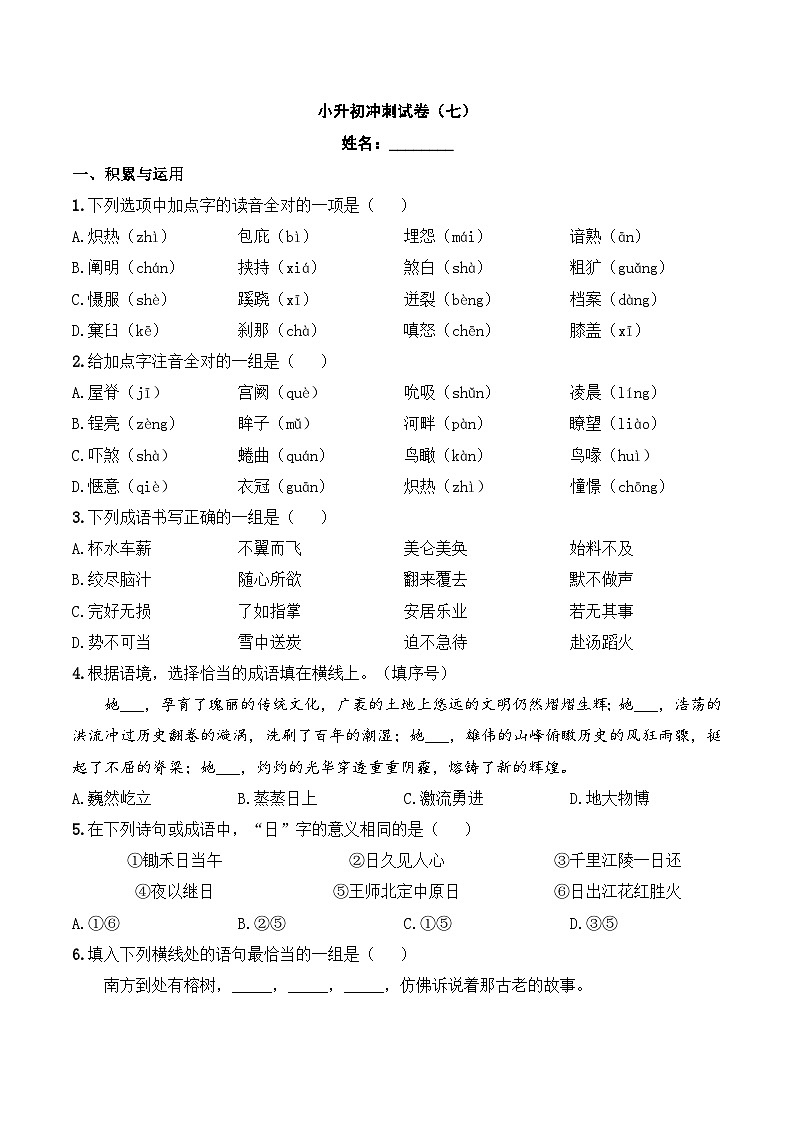 模拟卷（七）2024年小升初语文冲刺试卷01