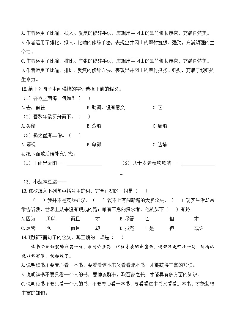 模拟卷（七）2024年小升初语文冲刺试卷03