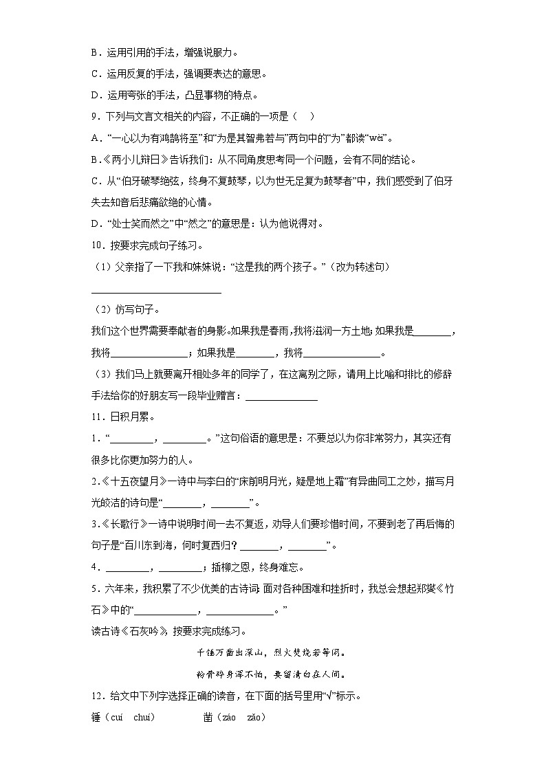 部编版小升初全真模拟语文试卷（有解析）（一）02