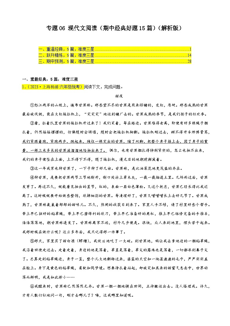 专题06 现代文阅读（期中经典好题15篇）-备战2023-2024学年六年级语文下学期期中真题分类汇编（上海专用）（原卷版）01