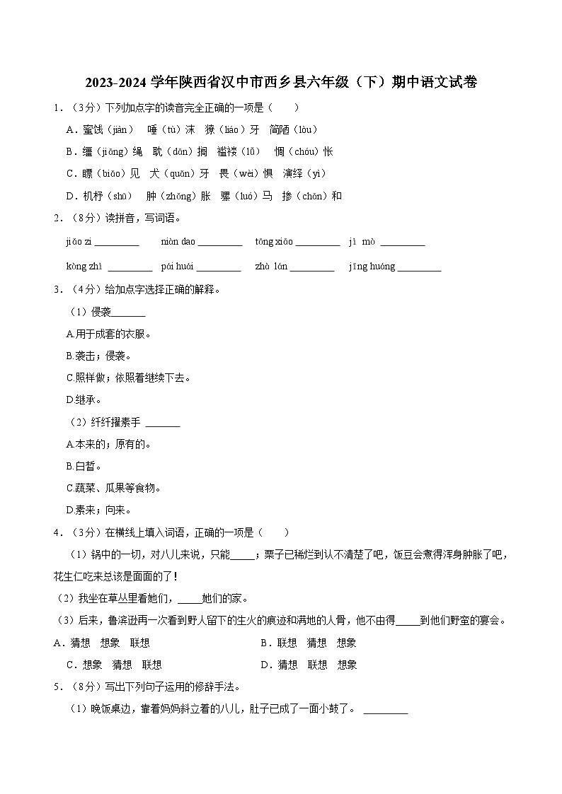 2023-2024学年陕西省汉中市西乡县六年级（下）期中语文试卷第1页