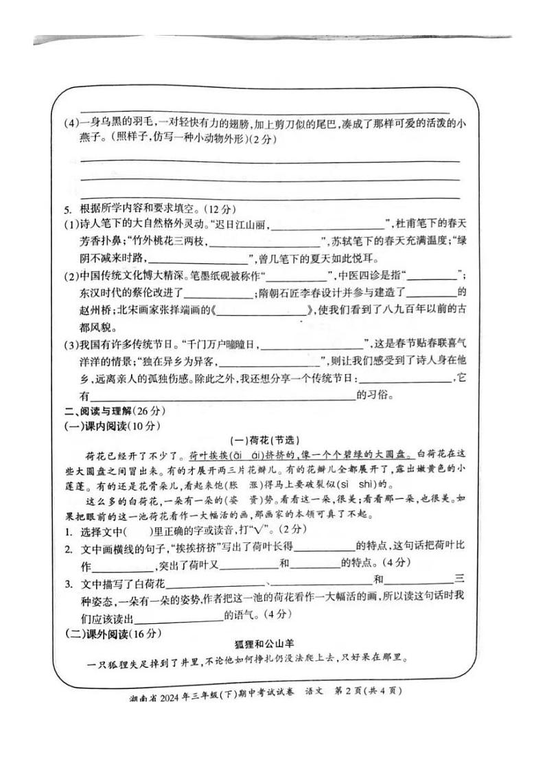 湖南省娄底市2023-2024学年三年级下学期期中语文试题02