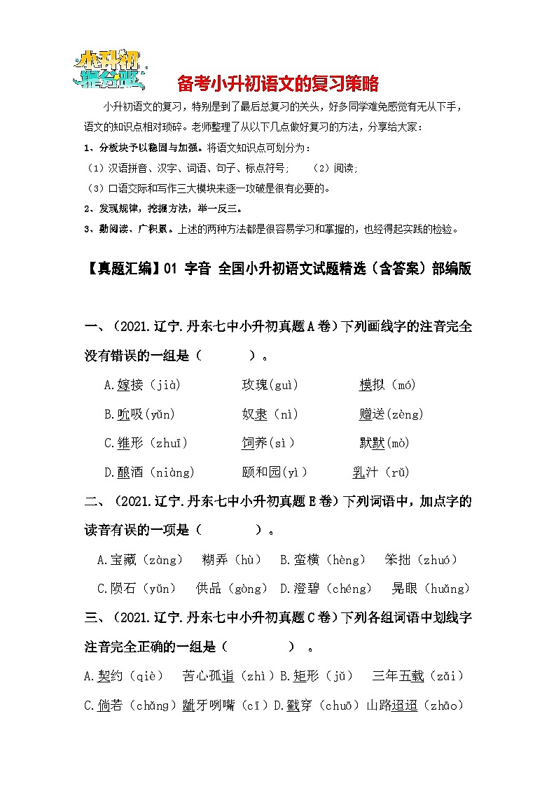 【真题汇编】01 字音 全国小升初语文试题精选（含答案）部编版01