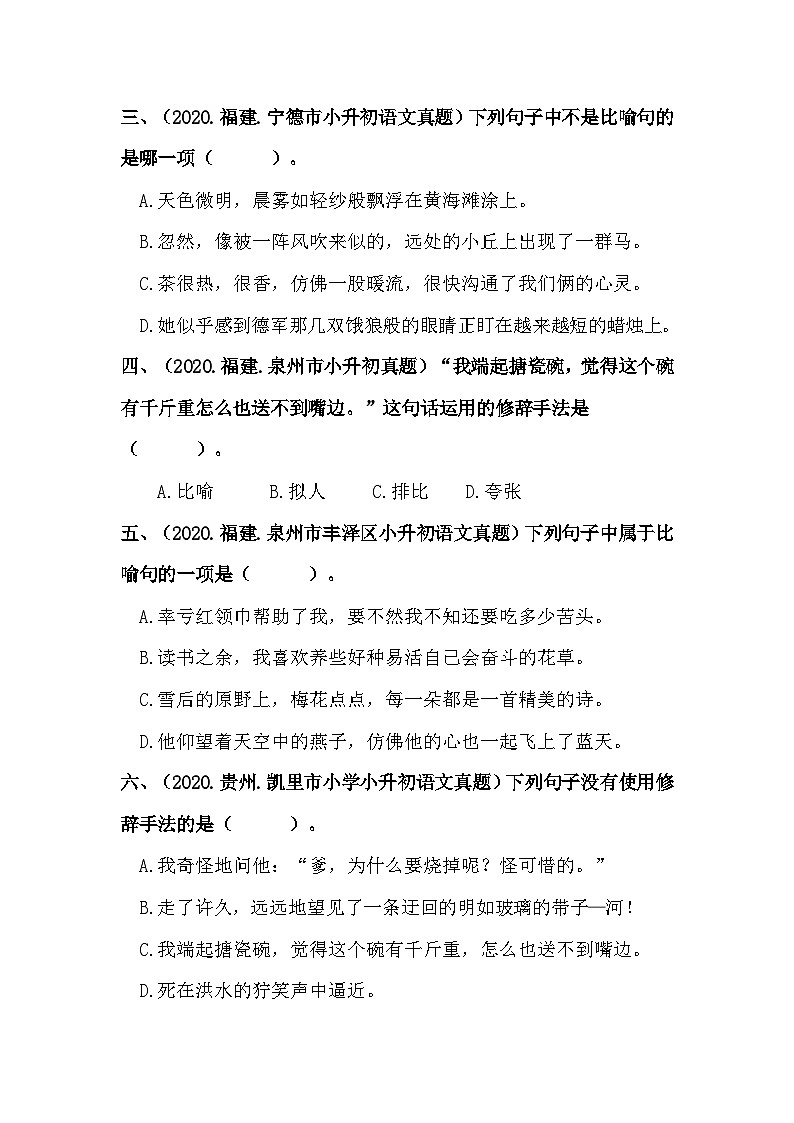 【真题汇编】10 修辞手法 全国小升初语文试题精选（含答案）部编版02