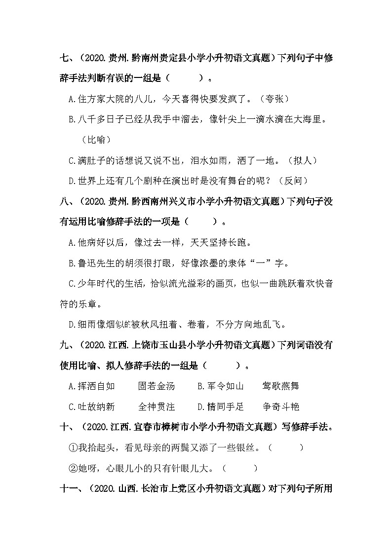 【真题汇编】10 修辞手法 全国小升初语文试题精选（含答案）部编版03