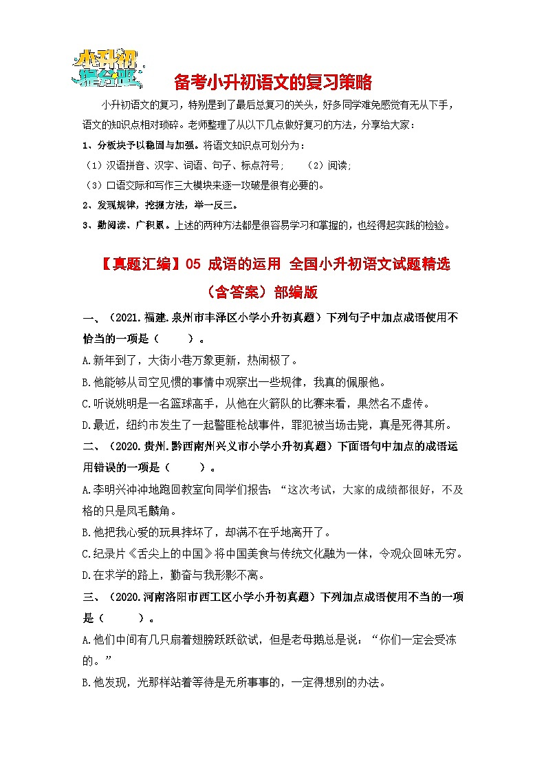 【真题汇编】05 成语的运用 小升初语文试题精选（含答案）部编版01