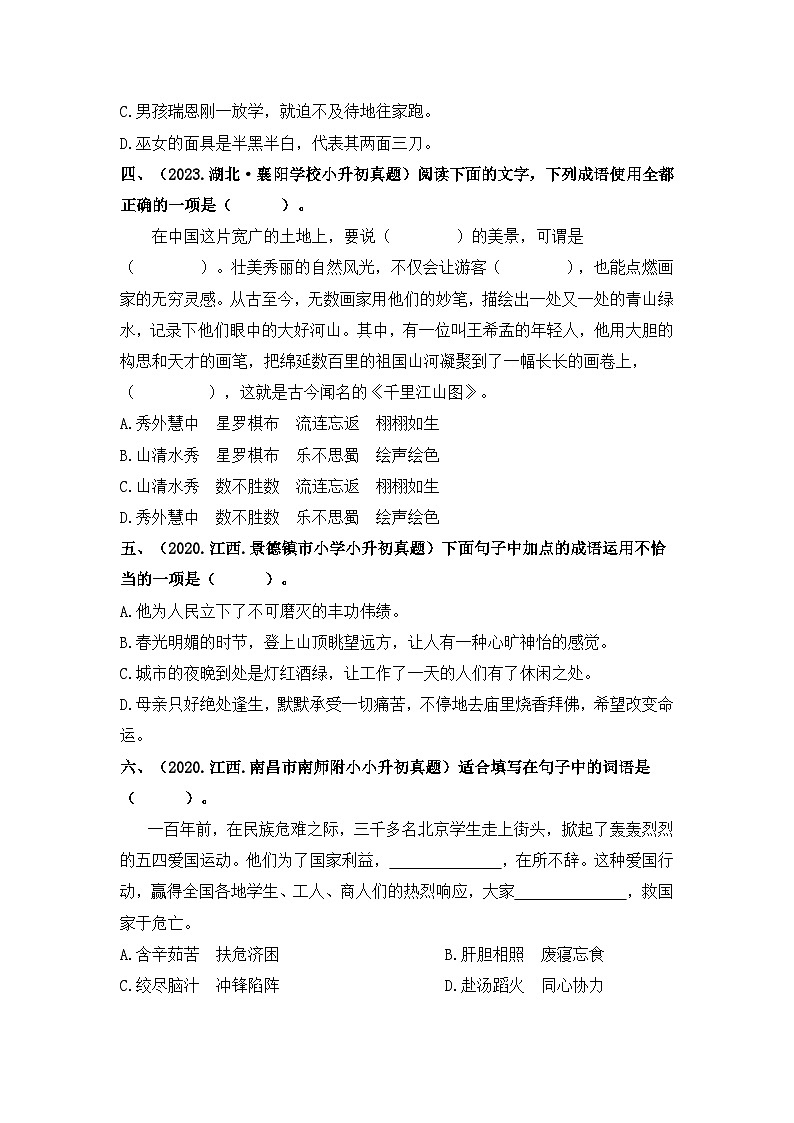 【真题汇编】05 成语的运用 小升初语文试题精选（含答案）部编版02