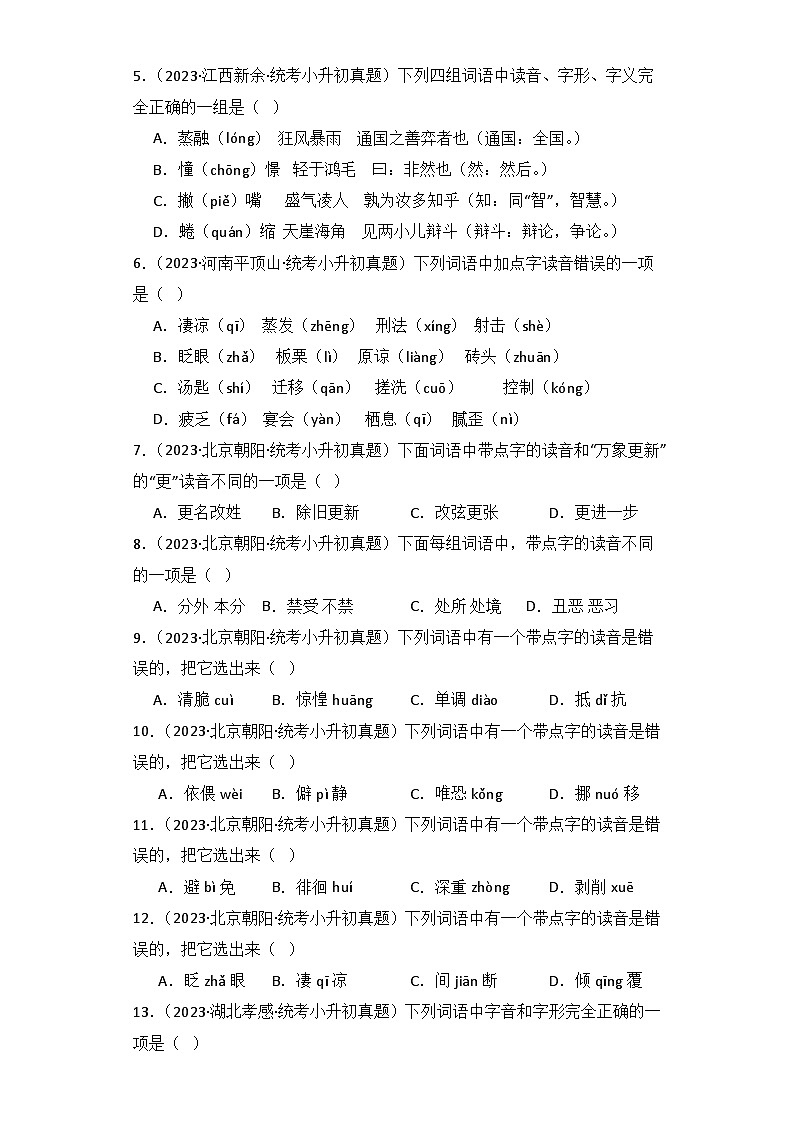 专题01 字音-【真题汇编】2024年小升初语文冲刺真题分类汇编（统编版）02