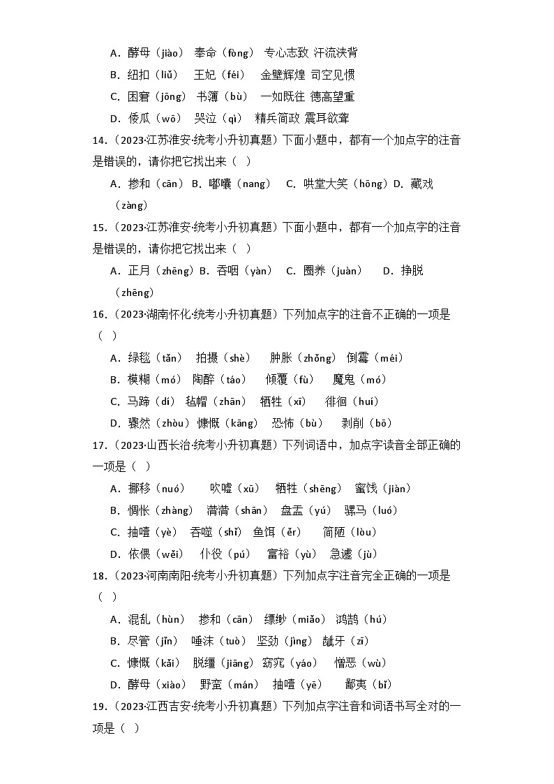 专题01 字音-【真题汇编】2024年小升初语文冲刺真题分类汇编（统编版）03