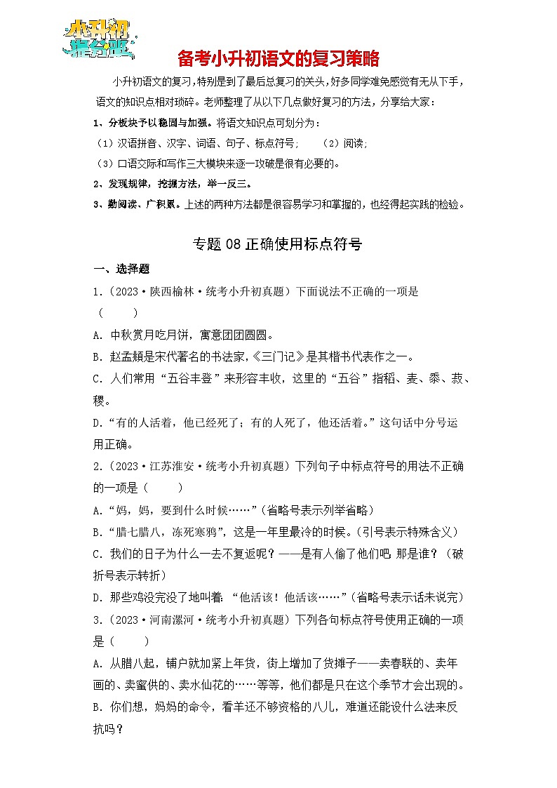 专题08 正确使用标点符合-【真题汇编】2024年小升初语文冲刺真题分类汇编（统编版）01