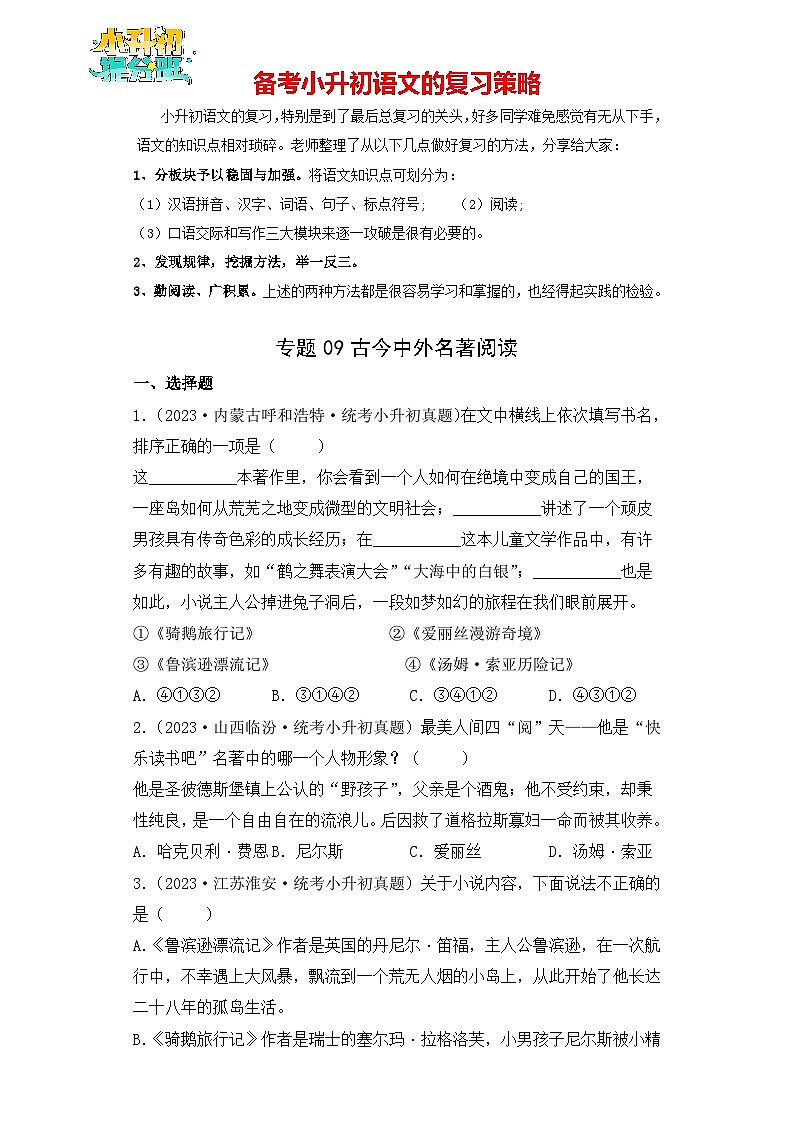 专题09 古今中外名著阅读-【真题汇编】2024年小升初语文冲刺真题分类汇编（统编版）01