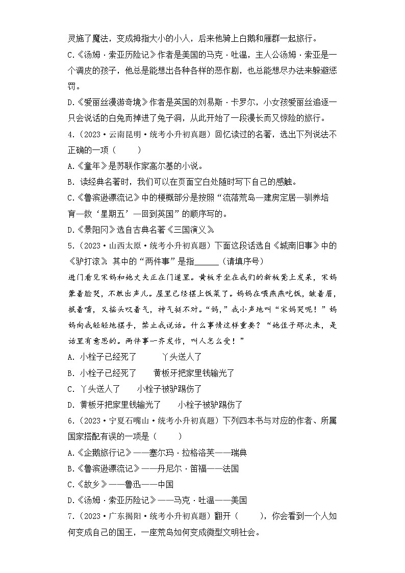 专题09 古今中外名著阅读-【真题汇编】2024年小升初语文冲刺真题分类汇编（统编版）02