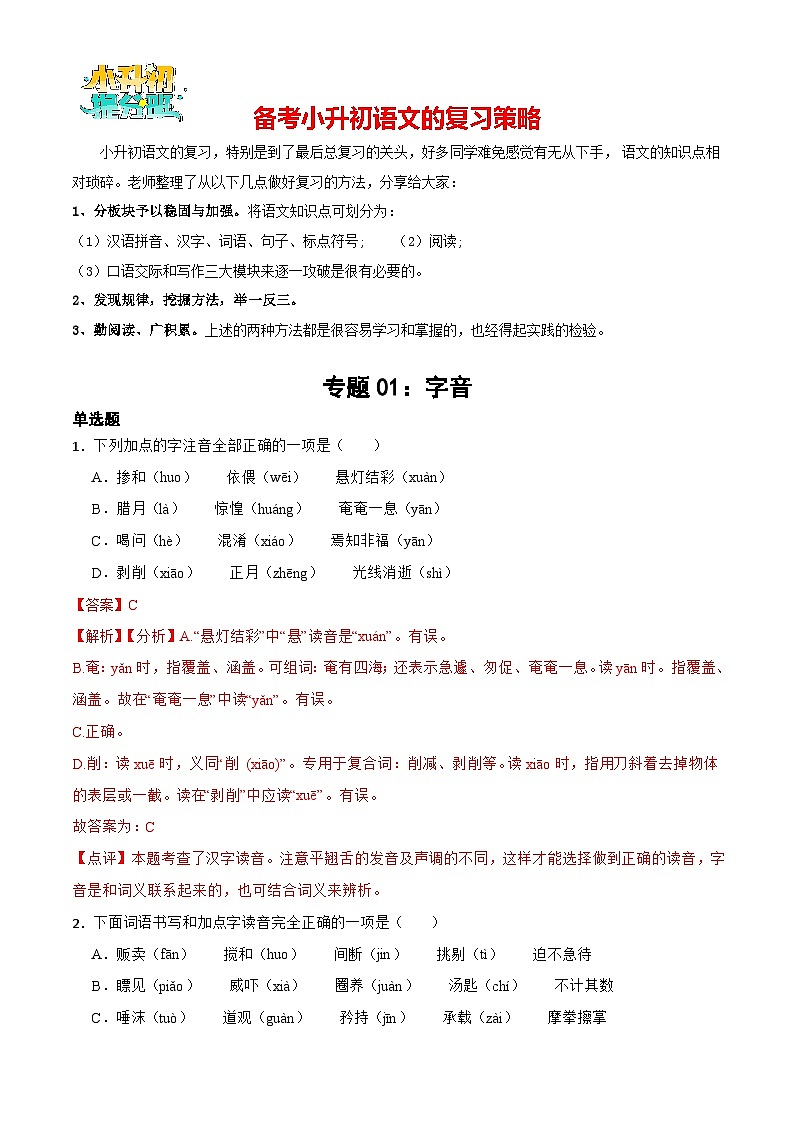专题01 字音-备战2024年小升初语文专项训练必刷题（原卷+解析卷）01