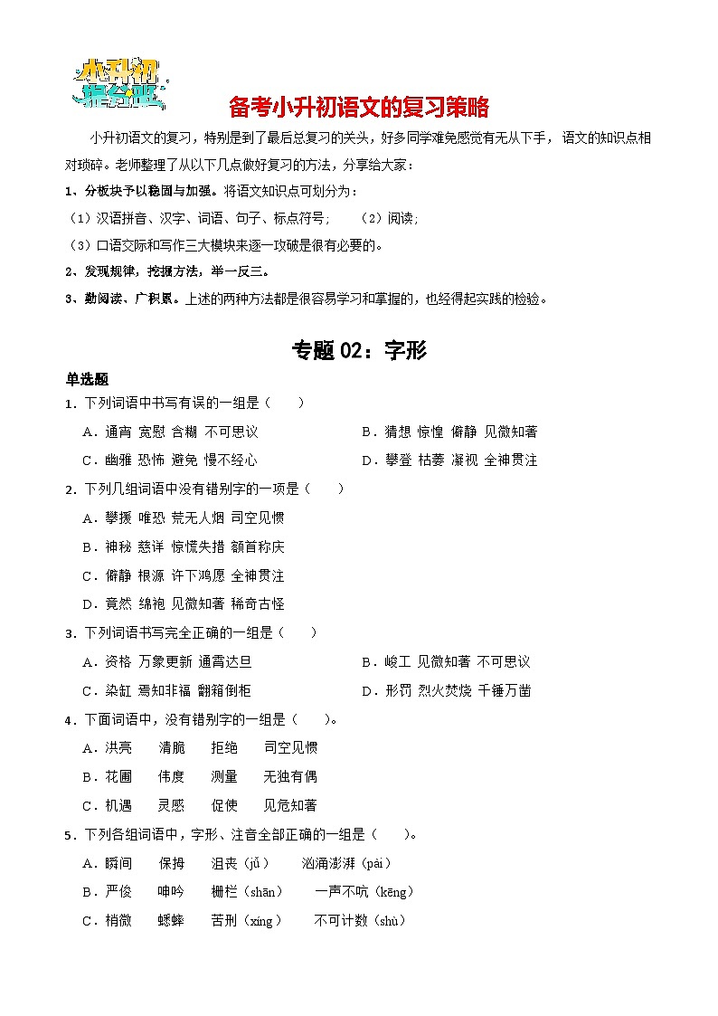 专题02：字形-备战2024年小升初专项训练必刷题 原题版第1页