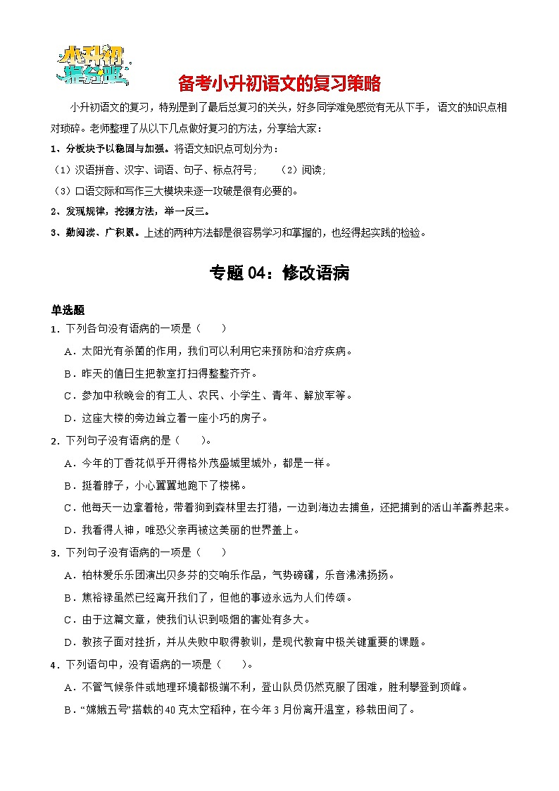 专题03：修改语病-备战2024年小升初专项训练必刷题 原题版第1页