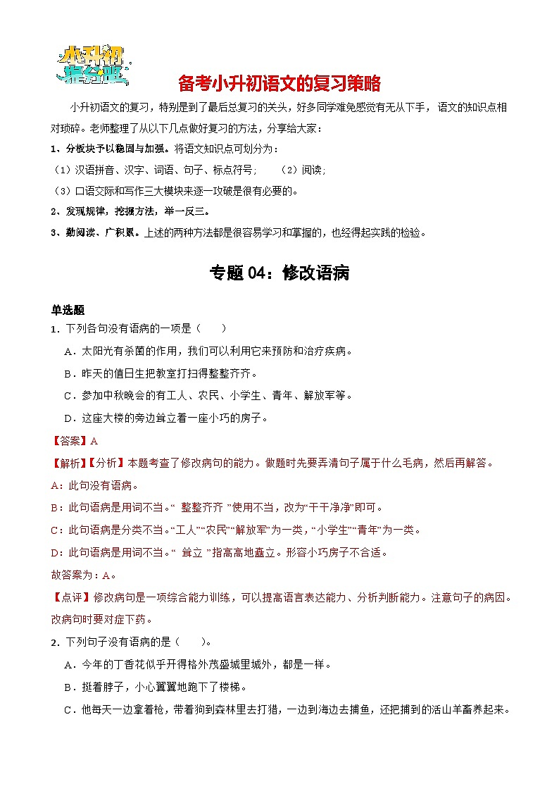 专题03：修改语病-备战2024年小升初专项训练必刷题 解析版第1页