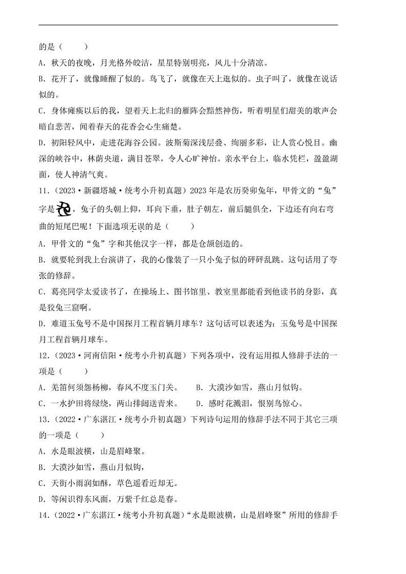 专题07 修辞手法辨析与运用-【真题汇编】2024年小升初语文冲刺真题分类汇编（统编版）03