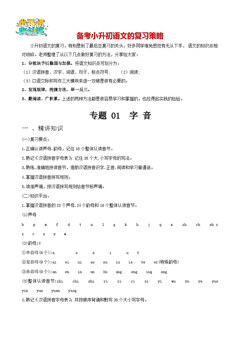 专题01 字音-备战2024年小升初语文精讲精练必刷题（全国通用）原题版第1页