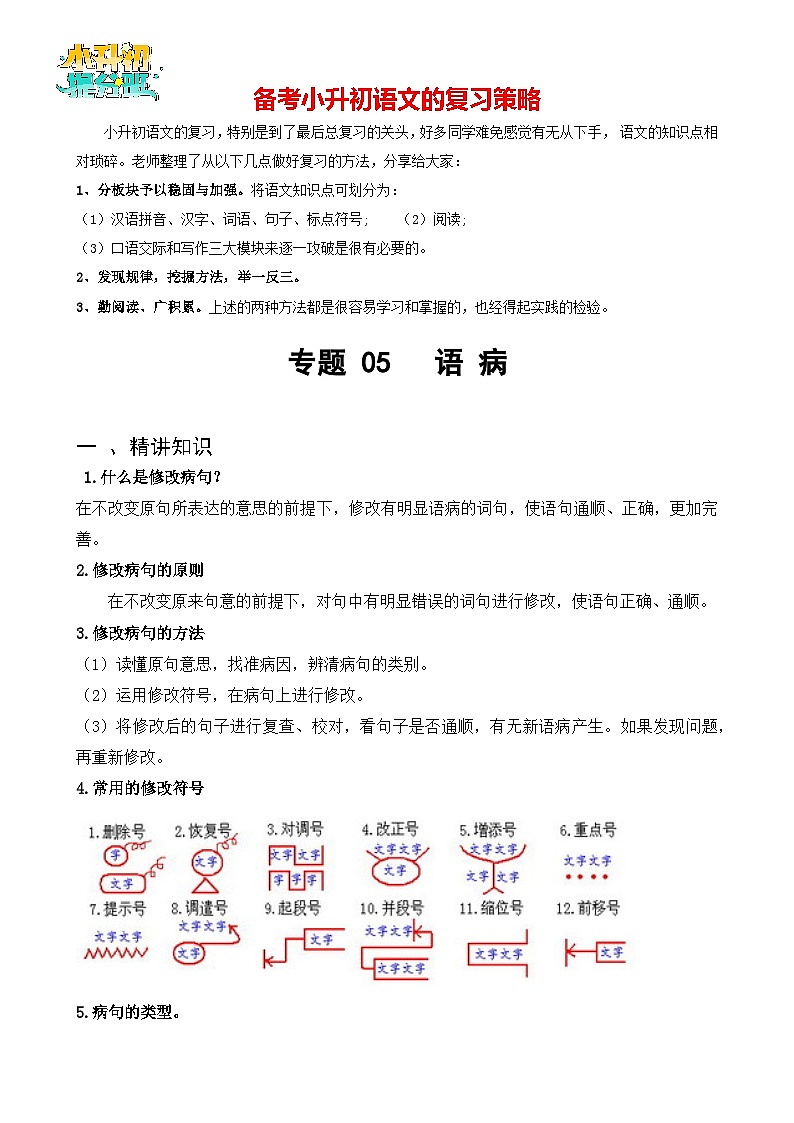 专题05 语病-备战2024年小升初语文精讲精练必刷题（全国通用）01