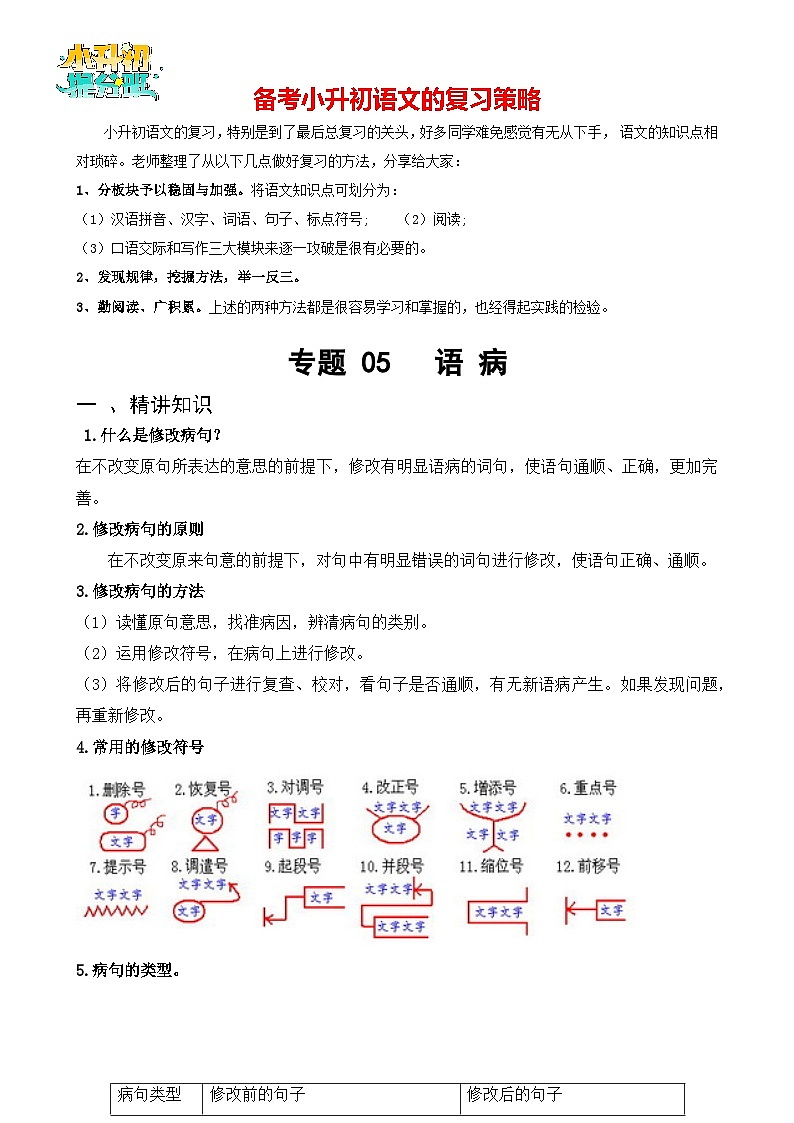 专题05 语病-备战2024年小升初语文精讲精练必刷题（全国通用）01