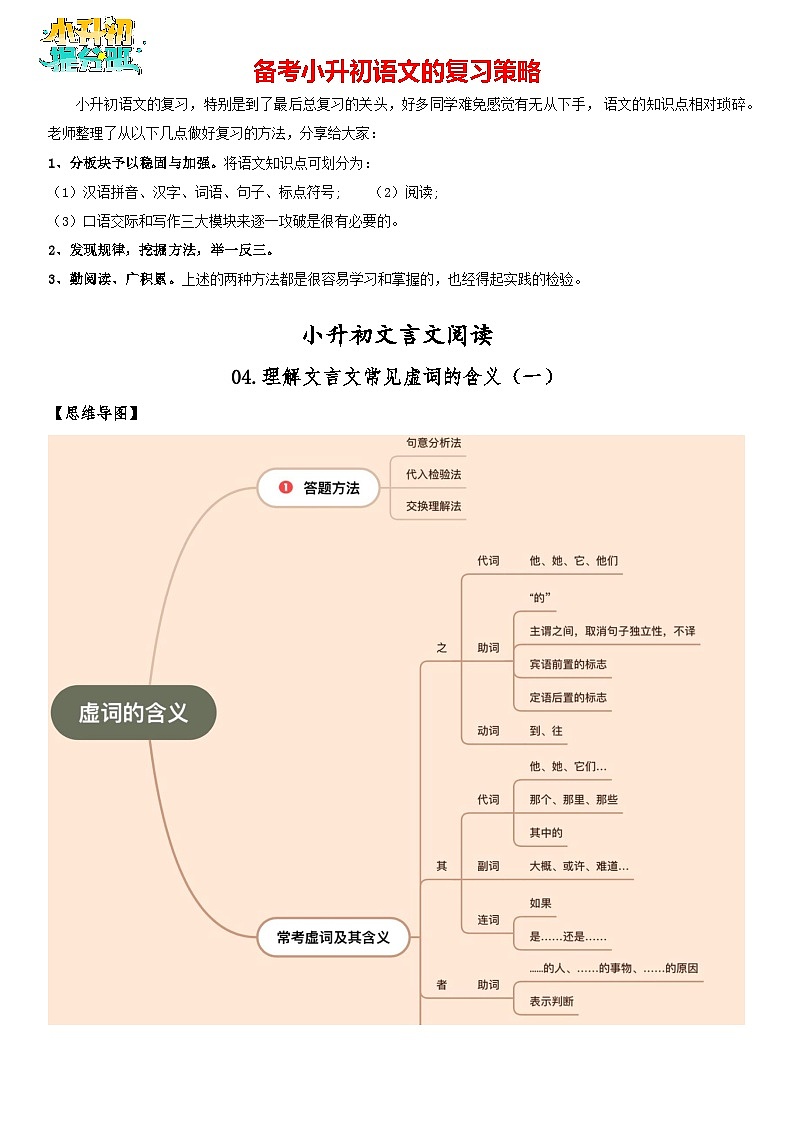 小升初文言文阅读-04理解文言文常见虚词的含义（一）（教师版）第1页