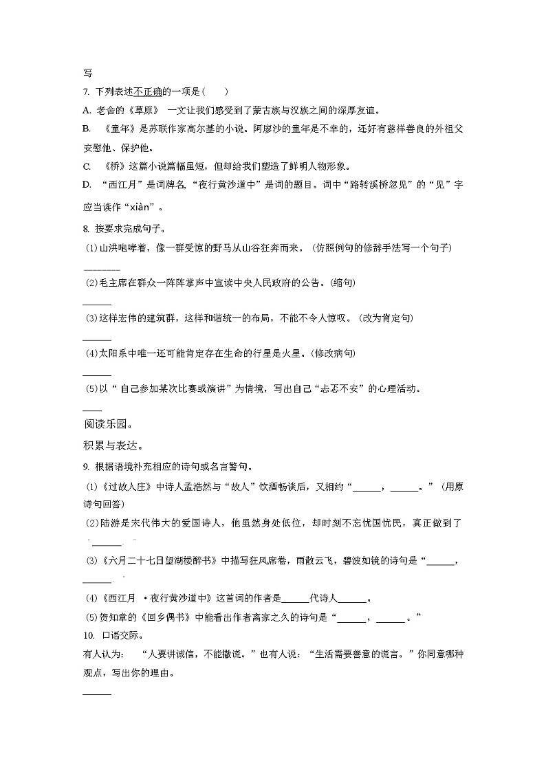 2023-2024学年部编版语文六年级上学期《期中考试题》（解析版）02