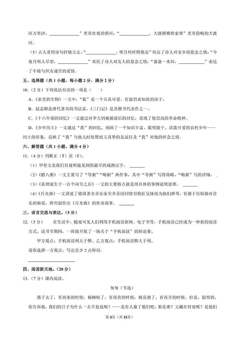 2023年陕西省宝鸡市凤翔县小升初语文试卷附答案解析第3页