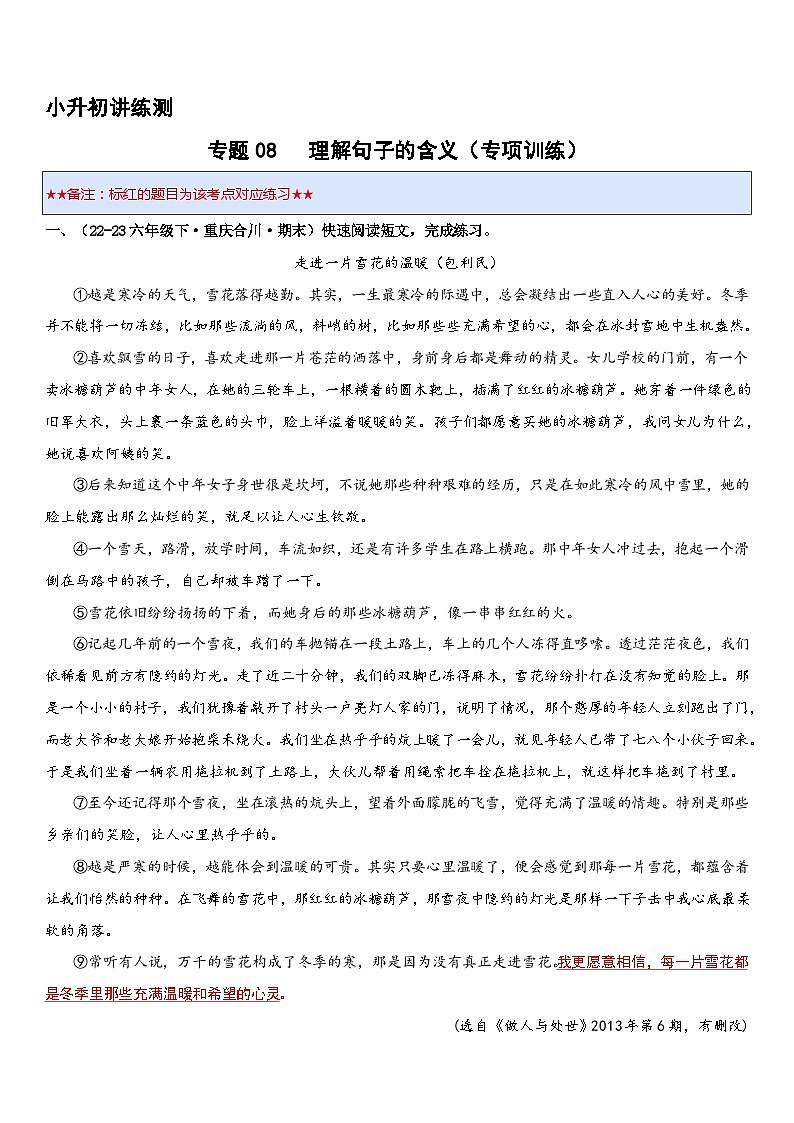 专题09 理解句子的含义（专项训练）2024年小升初语文复习暑假衔接讲练测（原卷版+解释版）01