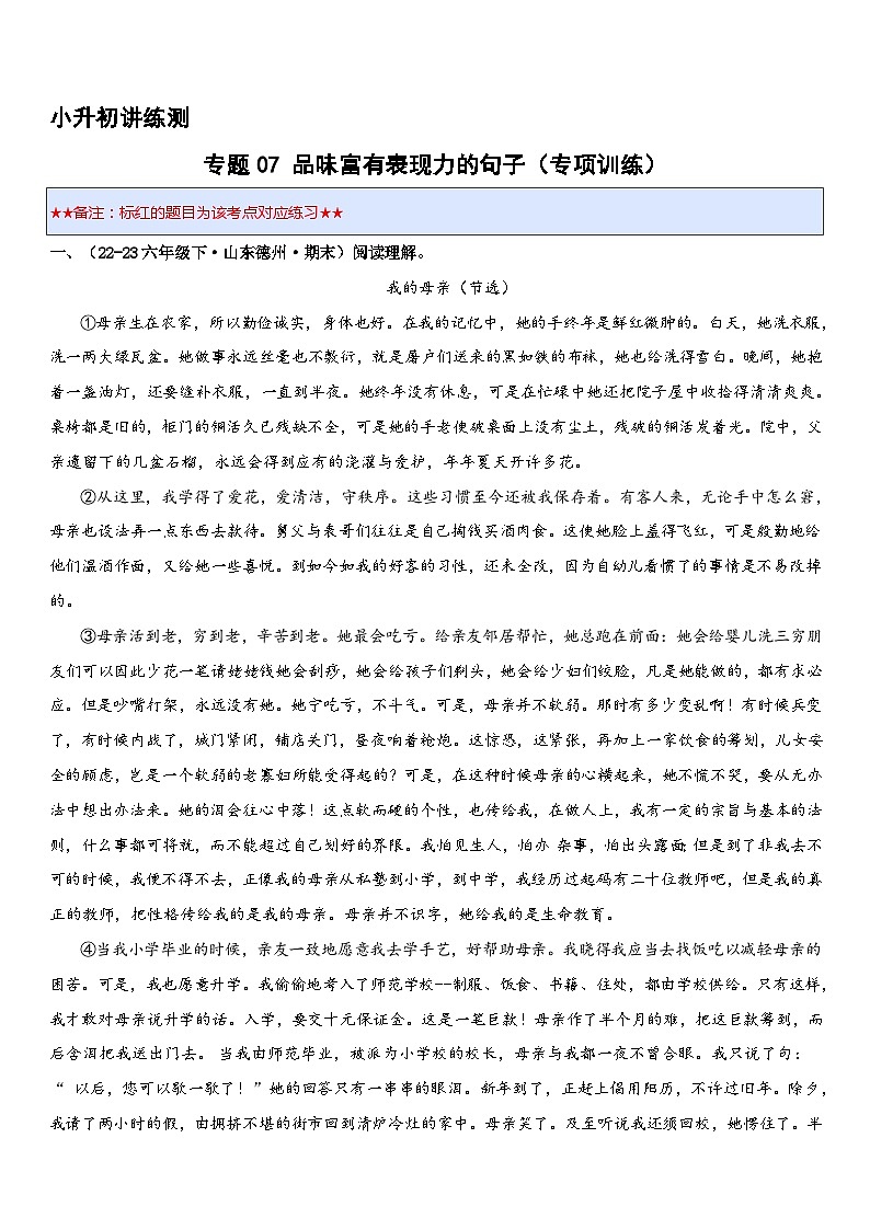 专题07 品味富有表现力的句子（专项训练）2024年小升初语文复习暑假衔接讲练测（原卷版+解释版）01