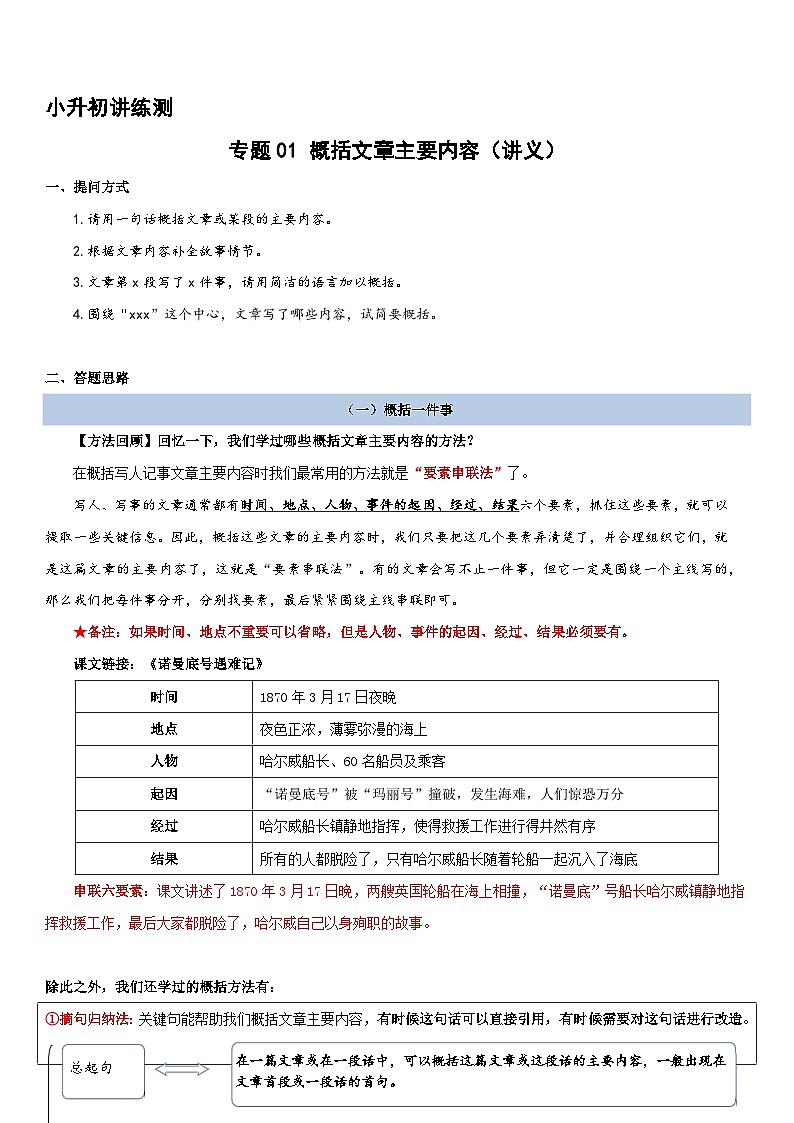 专题01 概括文章的主要内容（讲义）2024年小升初语文复习暑假衔接讲练测（统编版）01