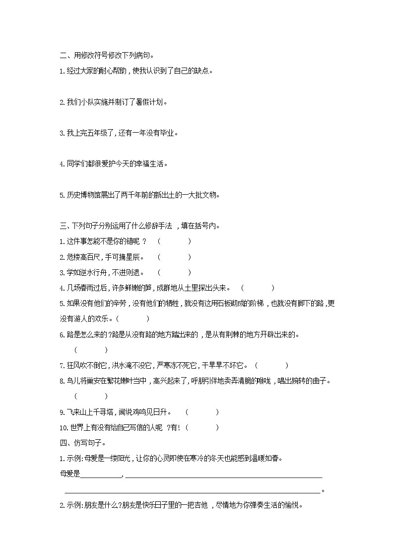 人教部编版语文【五年级下册】期末专项复习（句子练习）02