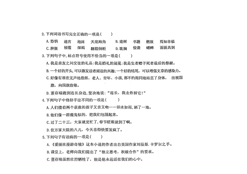 [语文]湖北省武汉市洪山区2023～2024学年六年级语文下学期期末检测试题（ 无答案）第2页