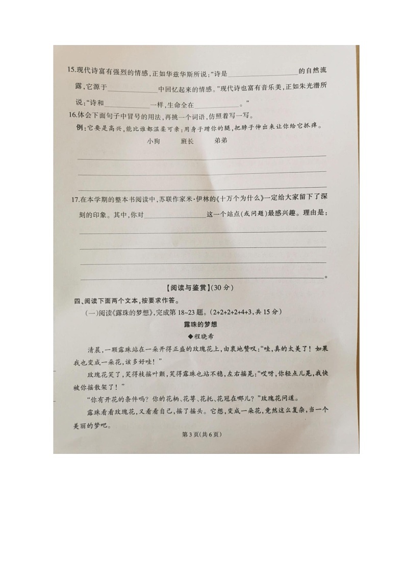 [语文]福建泉州泉港区2023年春季语文四年级下册期末质量检测卷（ 无答案）第3页