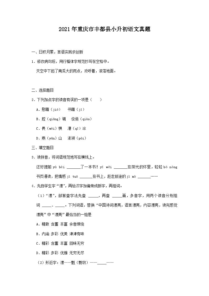 2021年重庆市丰都县小升初语文真题01