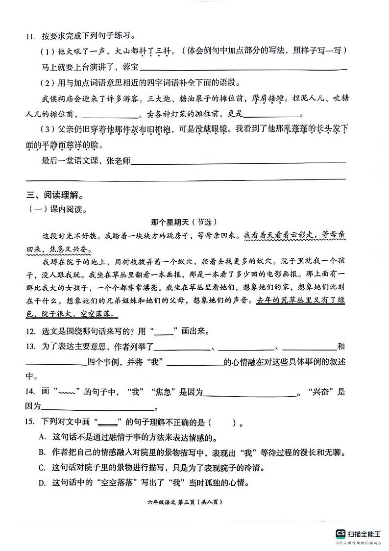四川省成都市高新区2023-2024学年六年级下学期期末语文试卷03