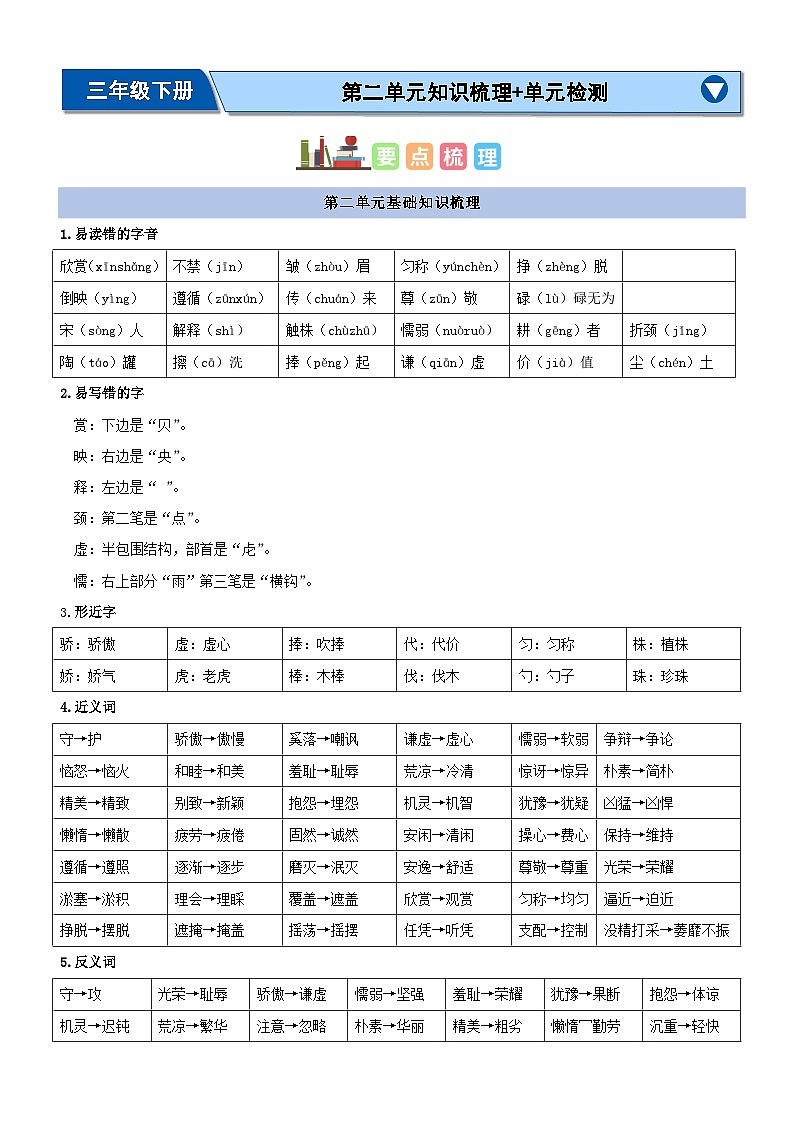 第二单元（知识清单）-2023-2024学年三年级语文下学期期中核心考点集训（统编版）01