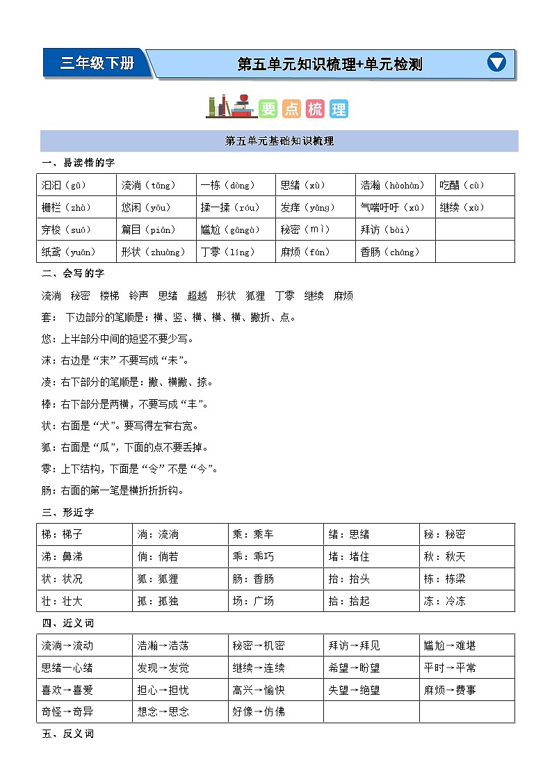 第五单元（知识清单）-2023-2024学年三年级语文下学期期末核心考点集训（统编版）01