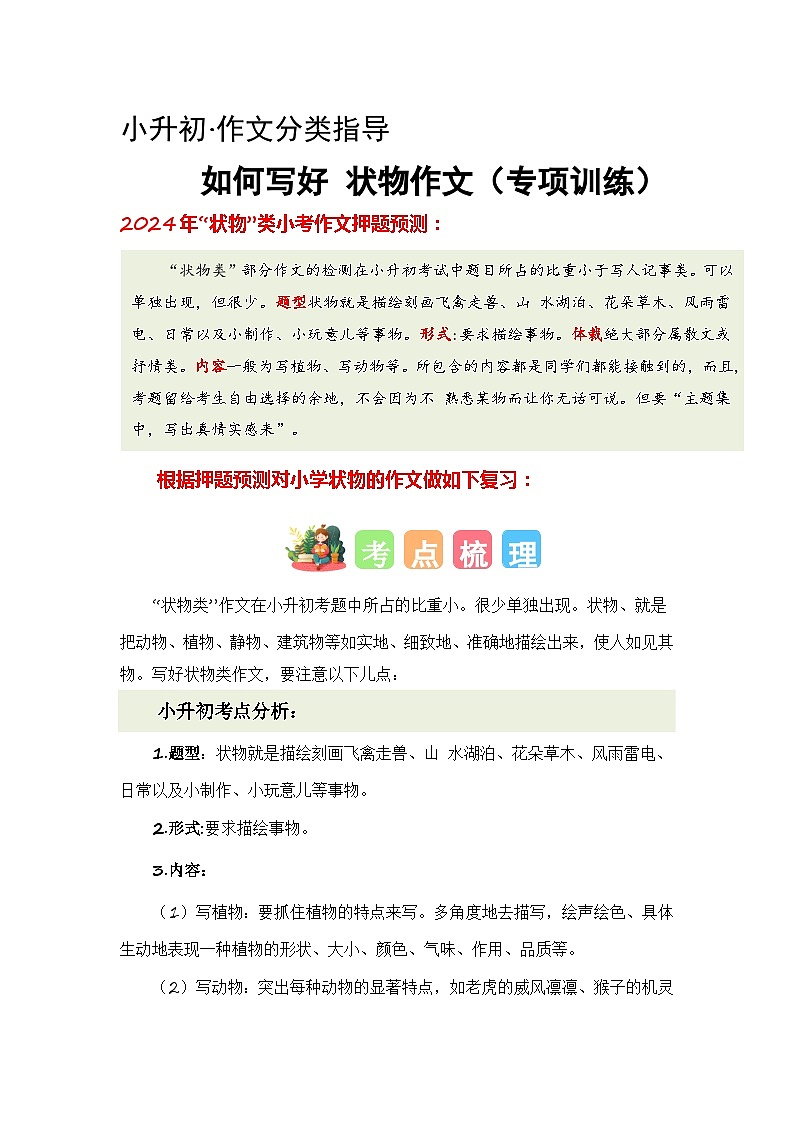 专题04 如何写好 状物作文（专项训练）2024年小升初语文复习即暑假衔接专项讲练测（统编版）第1页