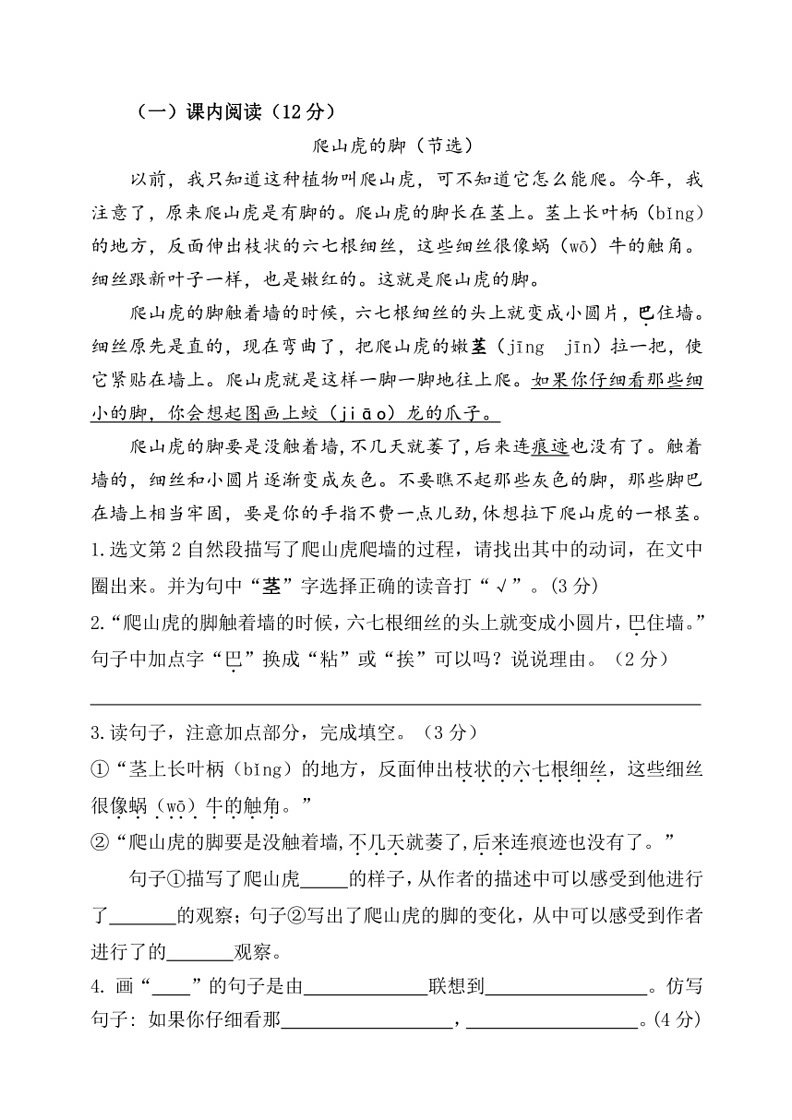 [语文]统编版2023～2024学年四年级上册期中检测卷(无答案)03