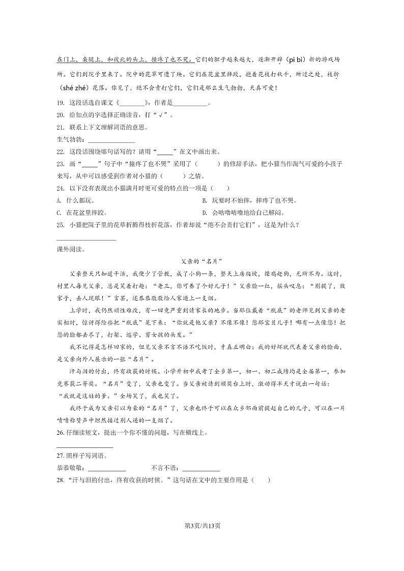 [语文]2020北京朝阳四年级下学期期末试卷及答案第3页