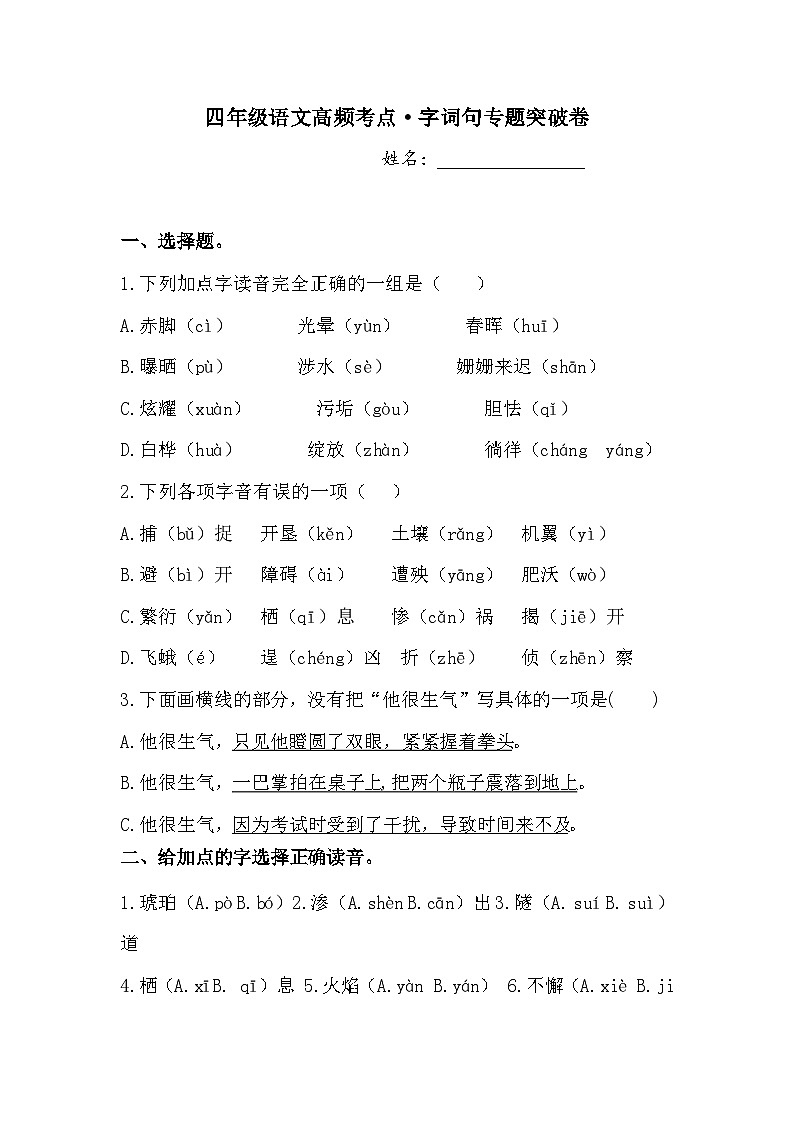 四年级语文高频考点 字词句专题突破卷1  人教部编版  （含答案）01