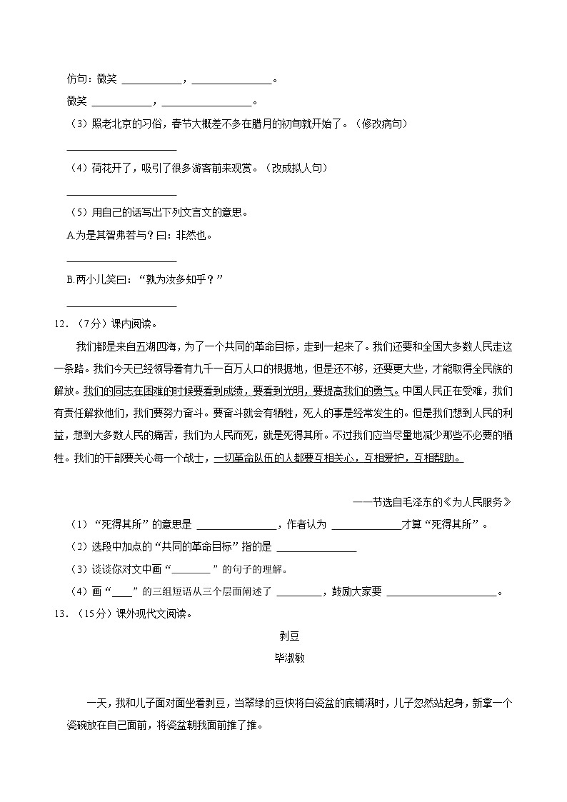 2023年安徽省阜阳市太和县小升初语文试卷03